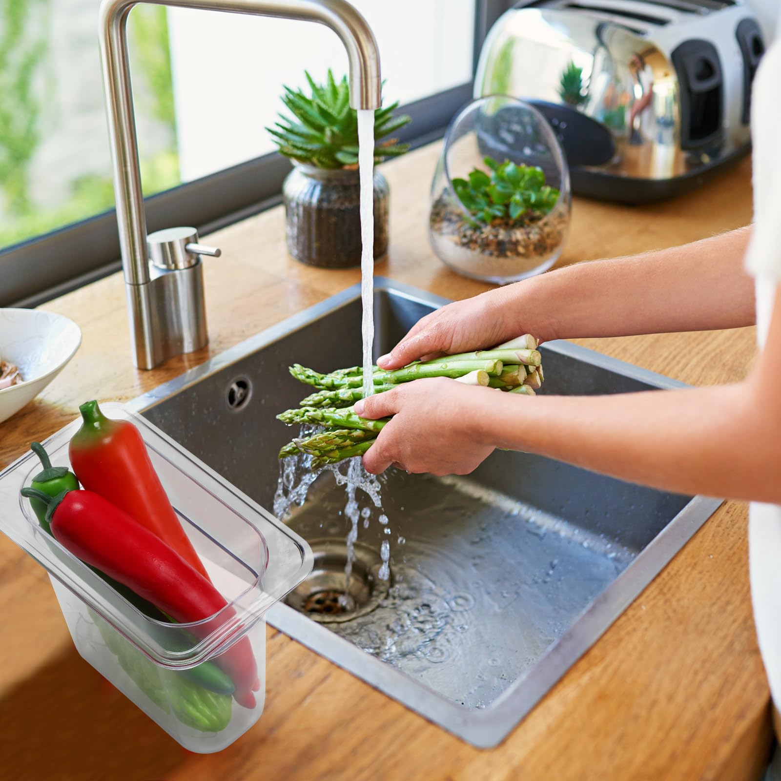 Sunnyray Juego de 6 sartenes de policarbonato de tamaño 1/9 con tapas y estante de drenaje, recipientes cuadrados profundos para almacenamiento de alimentos para cocina, restaurante, frutas y verduras