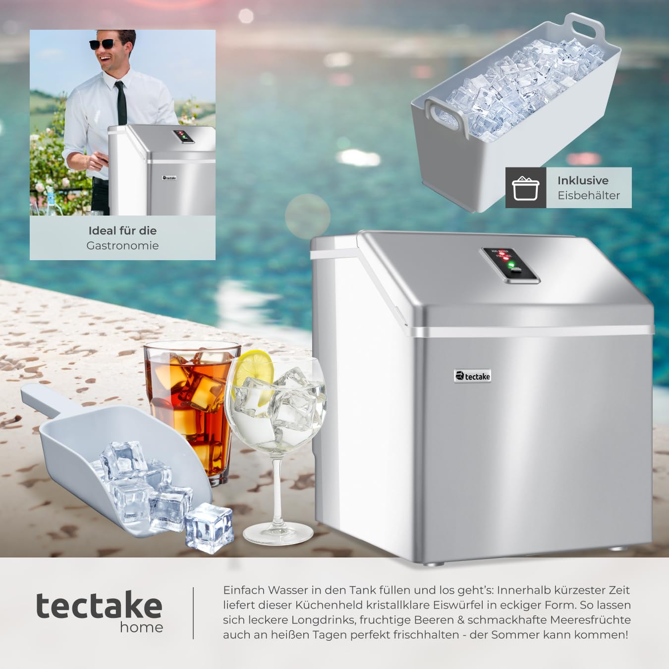 TecTake Profi Eiswürfelmaschine, Eiswürfelbereiter für klare Eiswürfel, Ice Cube Maker, 13 Kg 24 h, 2,2 Liter Wassertank, 24 Eiswürfel pro Zyklus, inkl. Eiseimer und Eisschaufel