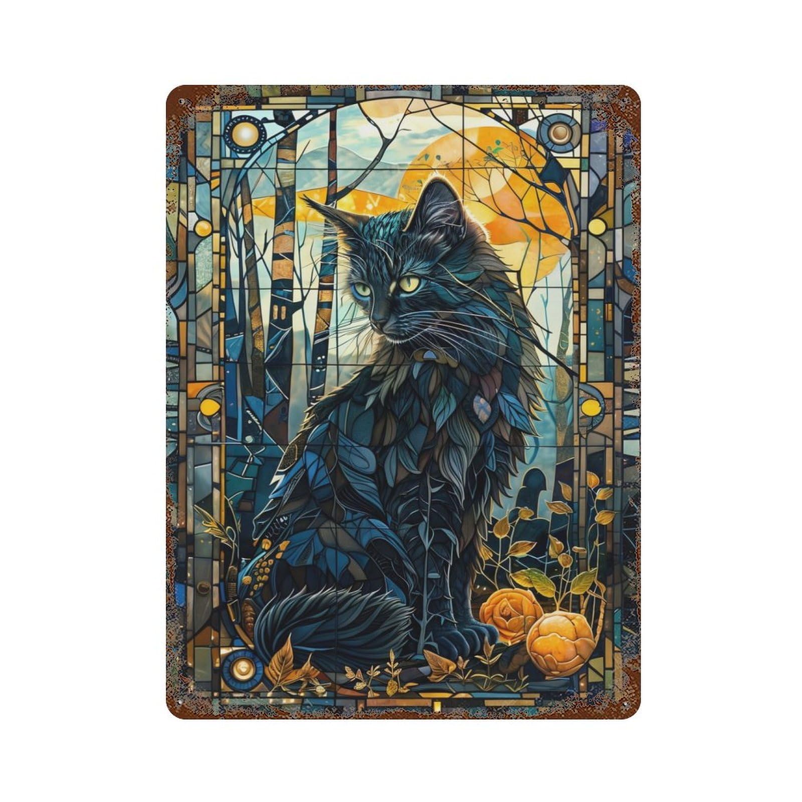 Mystical Cat in Glass 15.7"x11.8" Rustic Tin Plaque, Novelty Wall Decor for Living Room, Hallway And Home Decor