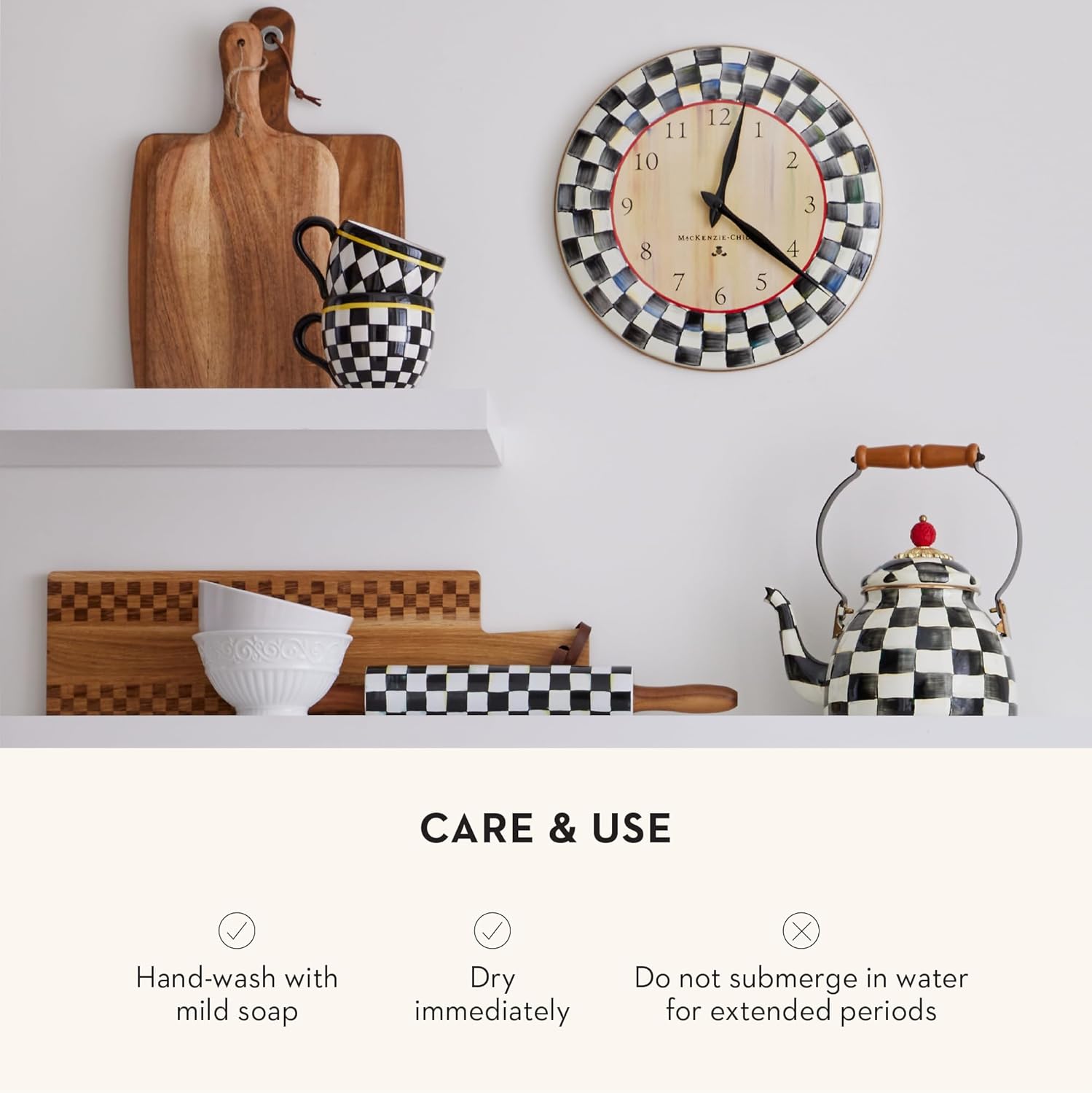 MACKENZIE-CHILDS Rolling Pin, Decorative Roller Pin for Baking, Cute Baking Supplies, Black-and-White Courtly Check