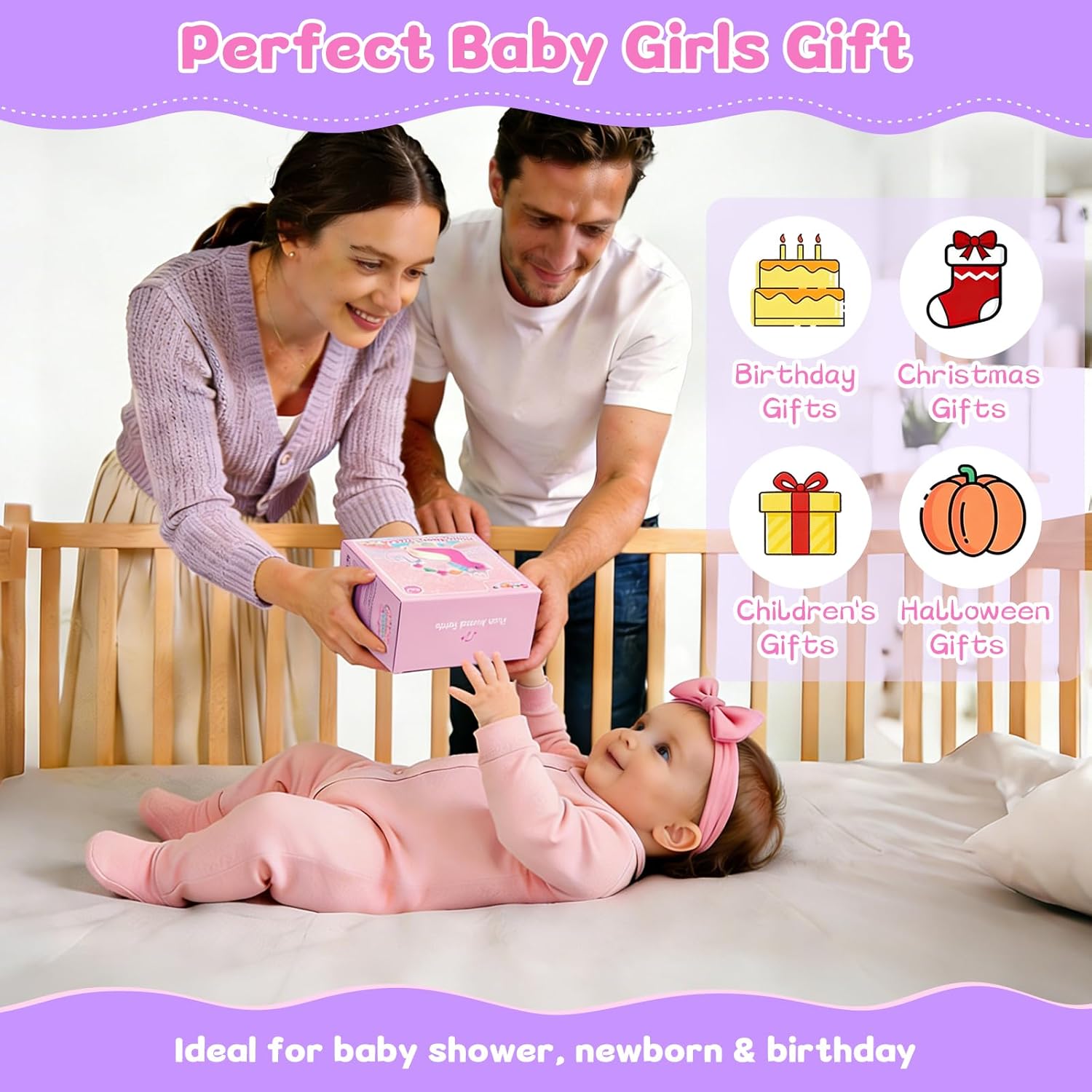 Car Seat & Stroller Toy for Girl - Musical Sensory Plush with Rattle & Mirror Baby Toys 0-12 Months Hanging Travel Carseat Toys Soft Squeaky Stuffed Animal Unicorn for Babies Gifts