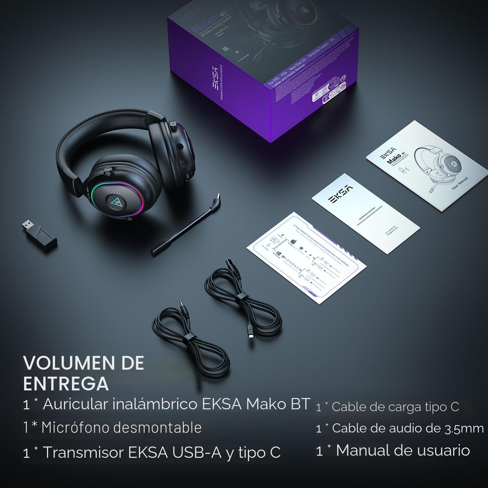 EKSA Cascos Gaming Inalámbricos para PC/Ps5/Ps4, Auriculares Gaming Inalámbricos con 2,4 GHz+BT 5,3 Modo Dual, Sonido Estéreo Cascos con Microfono, Cascos con Luz RGB, Duración 80Hr+