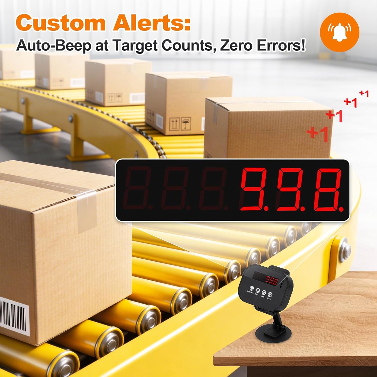 JIAWANSHUN Wireless LED Digital Counter, 999999 Piece Count,Rechargeable Infrared Counter with 19.5 Inch Sensor Distance, Preset Alarm, Daily/Cumulative Count for Conveyors & Fitness
