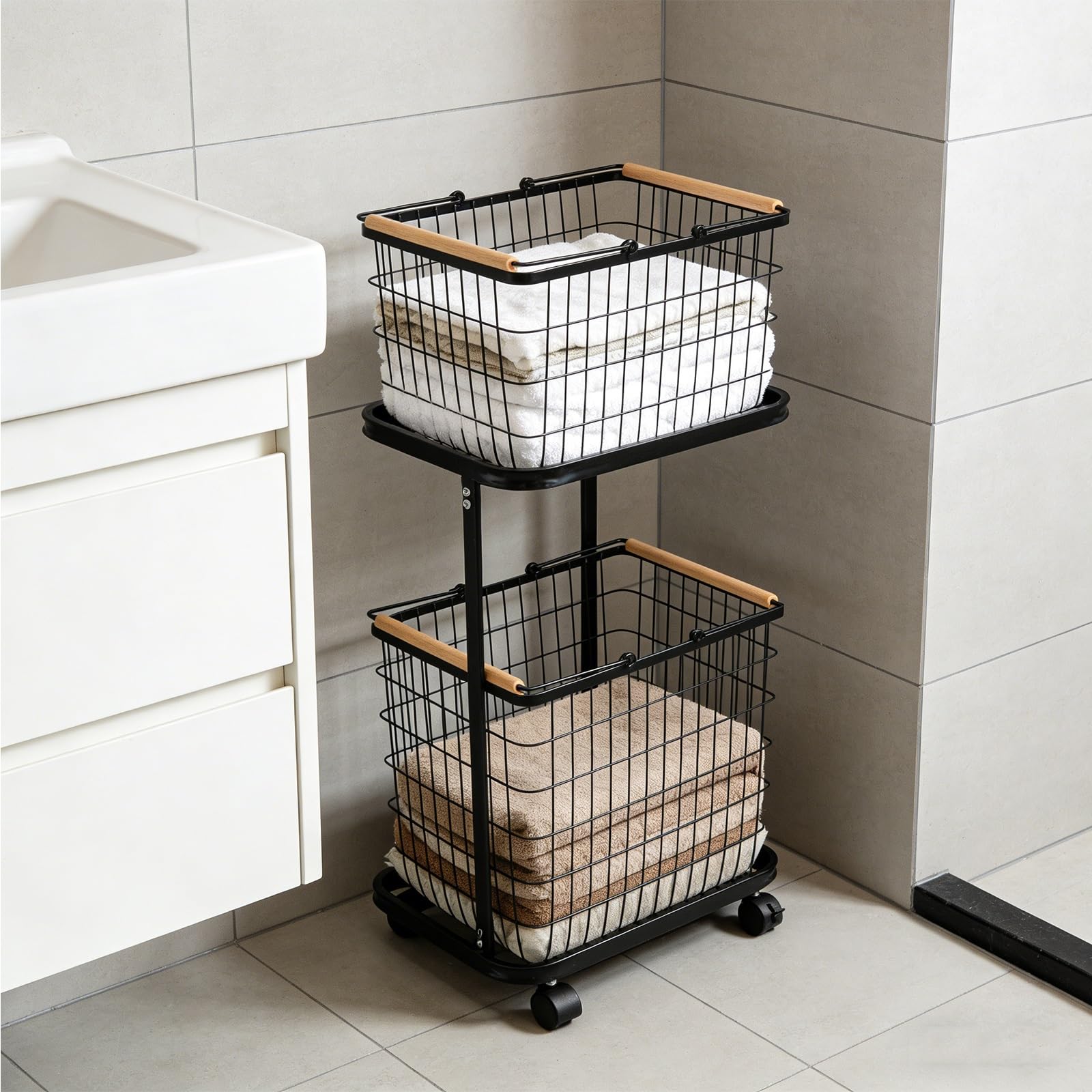 Folding Laundry Basket Household Storage 2 Tier Rolling Hamper with Wheels Handle,Metal Sorter Rolling Cart with Removable,Multifunctional Trolley Shelf