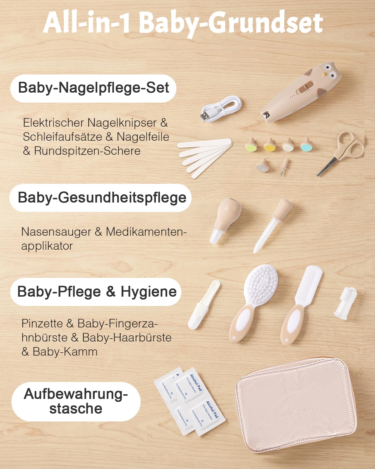 Lictin Baby Nagelfeile Elektrisch, Elektrische Nagelfeile mit 6 Schleifkopf, 25 in 1 Baby Nagelset mit LED Licht, Nagelpflegeset Elektrisch für Babys, Kleinkind, Erwachsene, USB Laden, Khaki