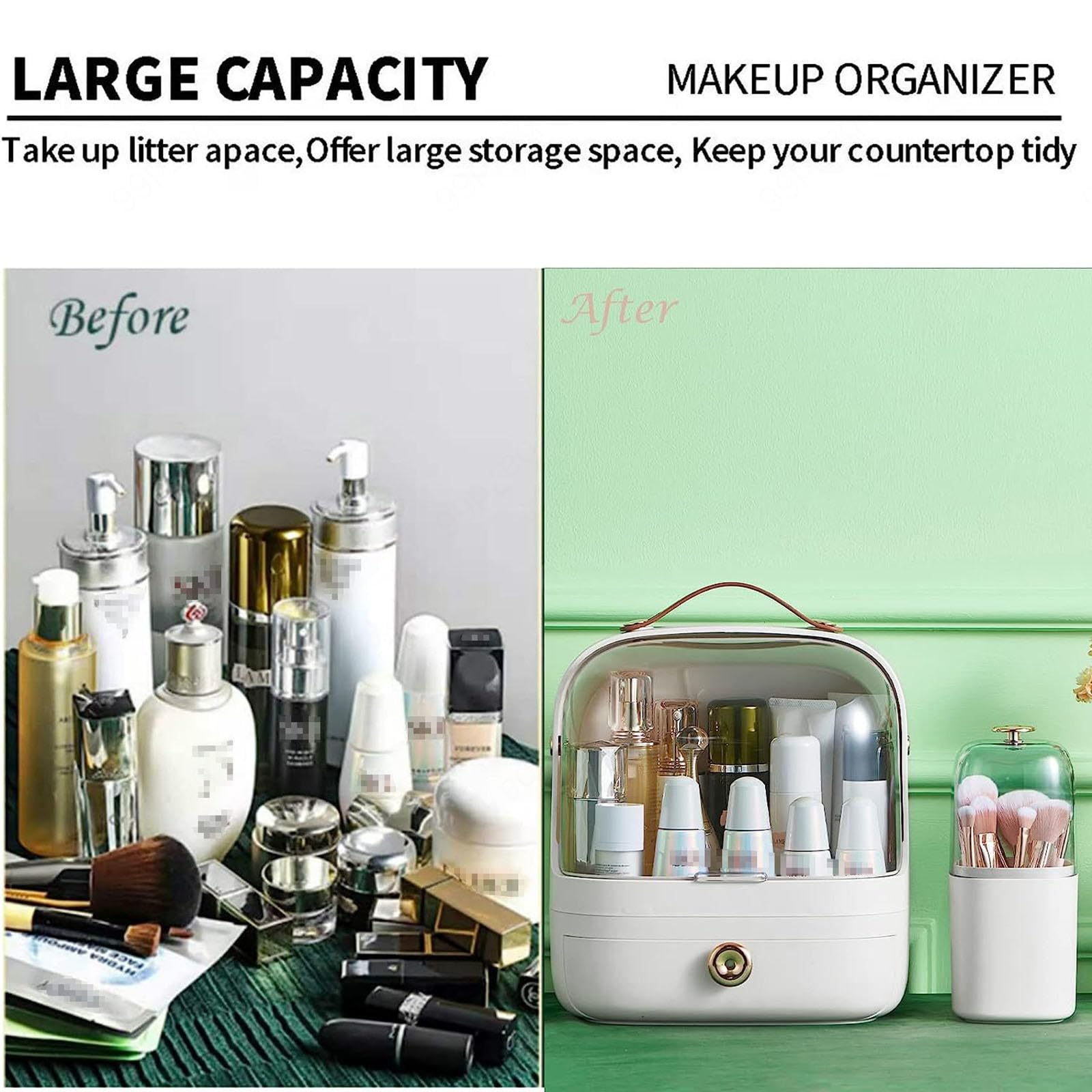 VIDECOR Organisateur Maquillage avec Porte pinceaux,Présentoir Cosmétiques avec Couvercle Transparent Rangement, Organisateur Soins Peau Anti poussière,Idéal Salle Bain Comptoir Vanité,White