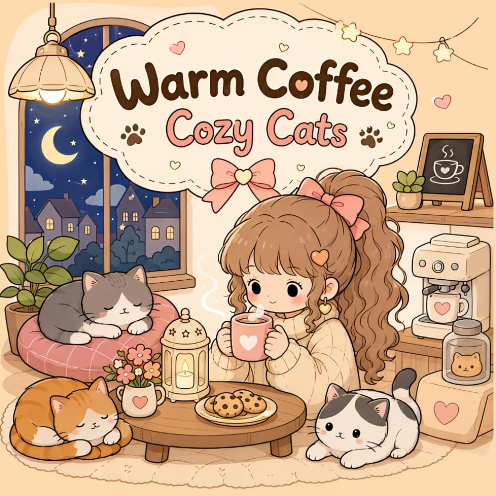 Warm Coffee Cozy Cats: Cute Cozy Coloring Book for Adults and Teens Relaxing Cat Cafe Moments, Rainy Days, Coffee Nights & Cute Kawaii Scenes