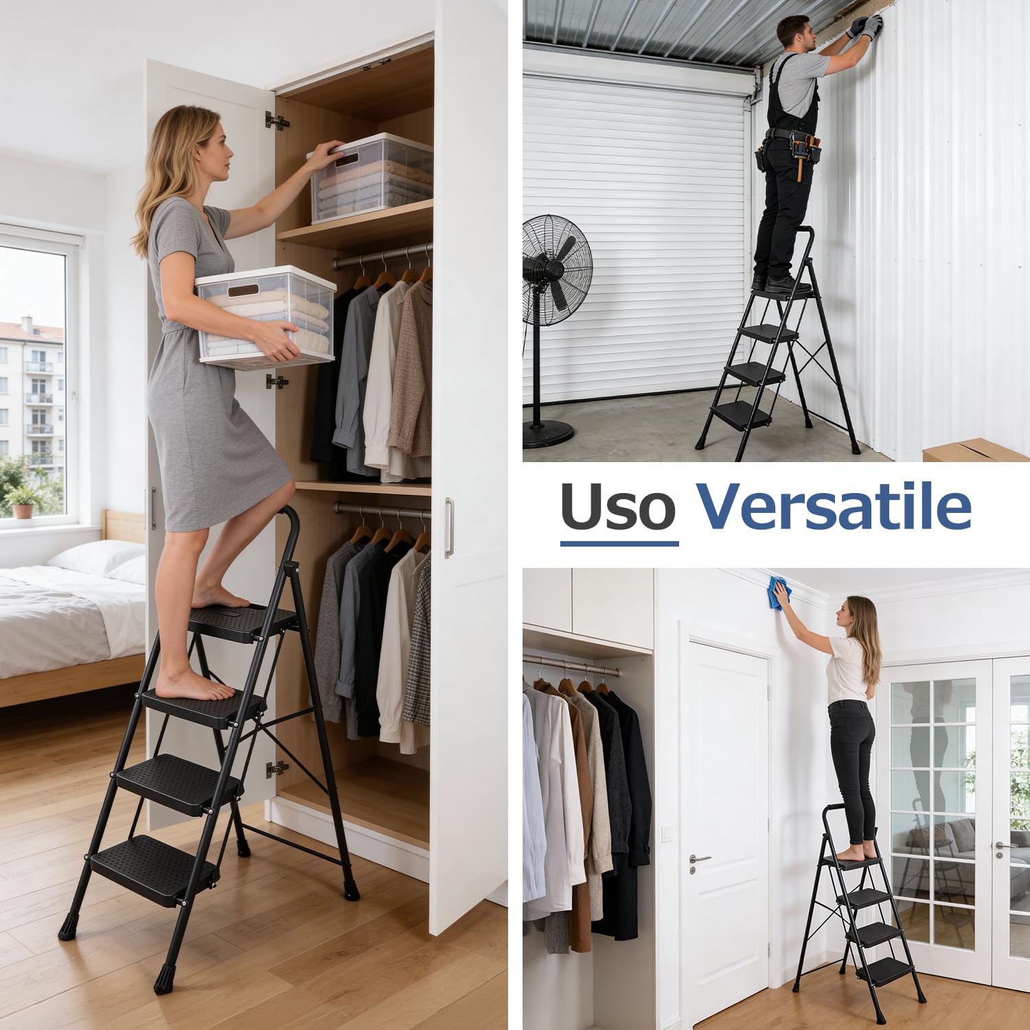 Sekey Scaletta Pieghevole 4 Gradini, Alto Scala Domestica con Telaio in Acciaio, Gradini di Plastico Antiscivoli, Pieghevole per Casa, TÜV & SGS, EN 131-2 & 14183, Capacità di Portata 150 Kg, Nero