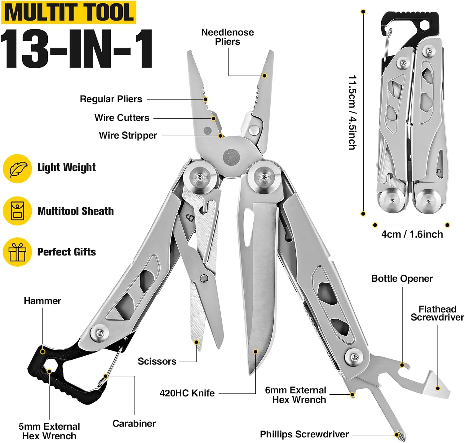 Multitool Pliers, 13 in 1 Multipurpose Plier with Carabiner | ASTM 420 Portable Pocket Keychain Multi tool with Spring Pliers, Spring-action Scissors, Bottle Opener and Sheath