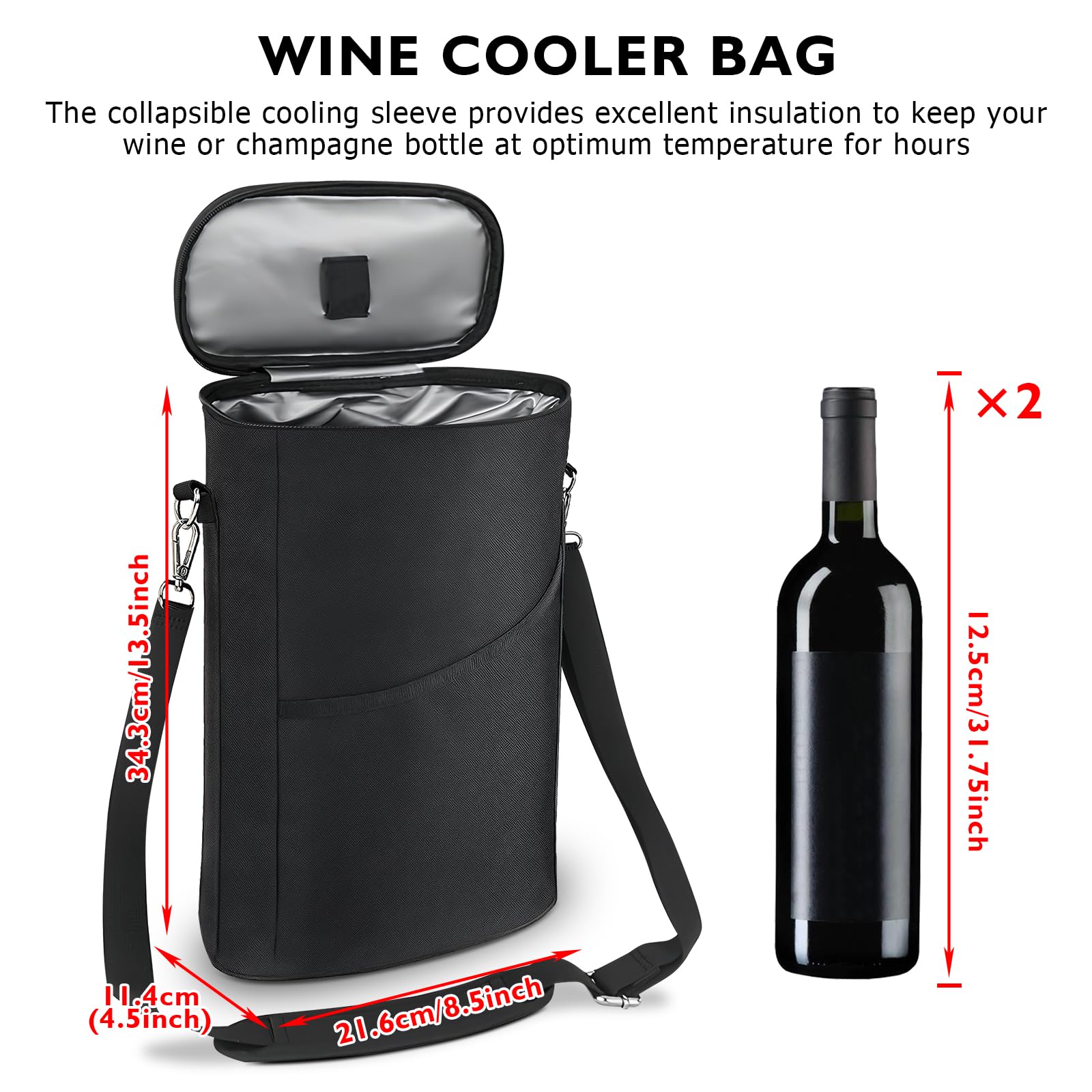Flaschenkühler pliable Manchon isotherme : WANDGU 2 bouteilles Sac isotherme isolé, Sac isotherme pour bouteilles de vin et de champagne, Grande capacité, pour camping, plage