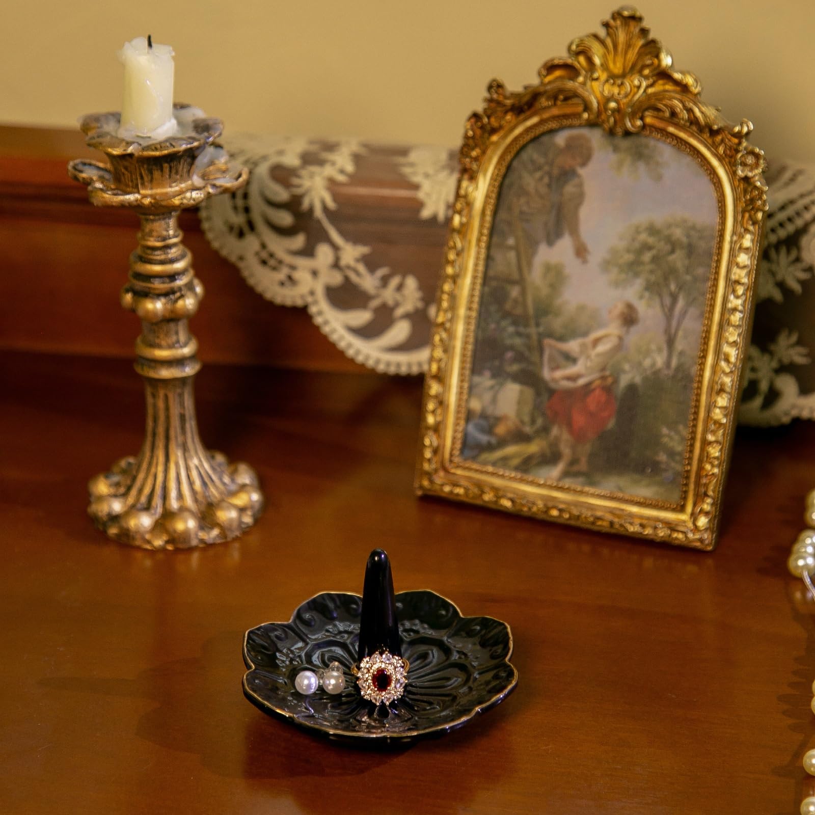 HOMEGOAL Ceramic Ring Holder Dish for Jewelry, Decorative Mandala Jewelry Tray for Rings Earrings Necklaces Watch Keys, Aesthetic Room Decor, Birthday Engagement Wedding Gifts for Women (): Black