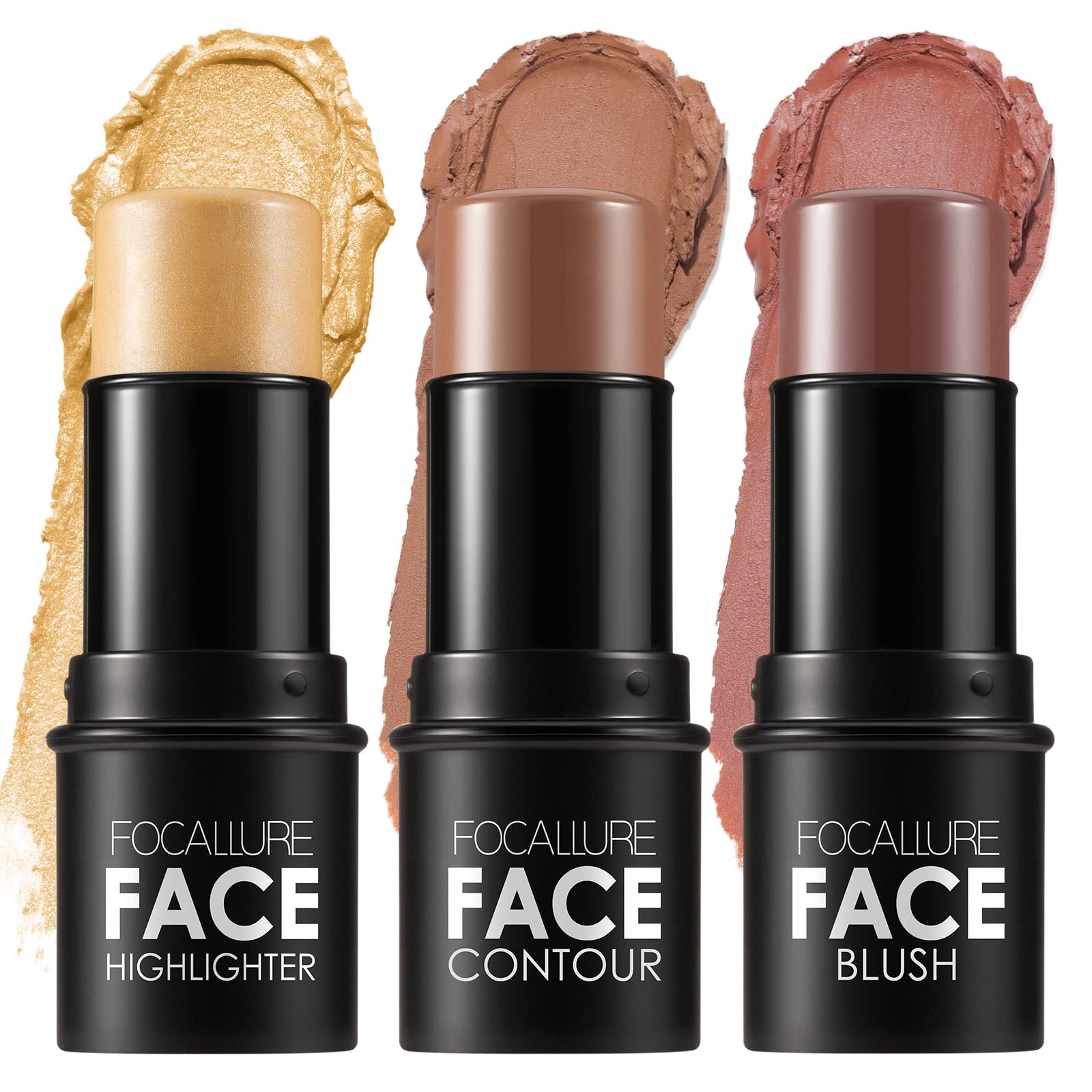 FOCALLURE3 Pcs Cream Contour Sticks,Shades with Highlighter & Bronzer & Blush,Non-greasy Long-wear Face Contouring Pen,Easy to Sculpt the Face and Create a Lightweight Finishing Makeup,MEDIUM-WARM