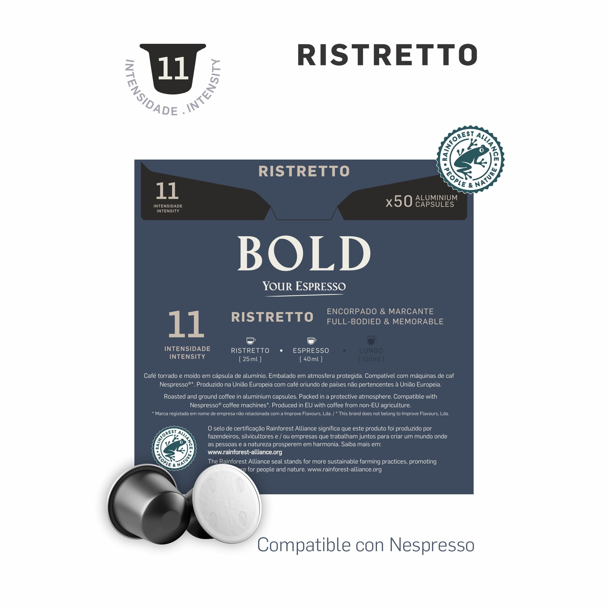 BOLD Cápsulas de Café Ristretto Compatibles con Nespresso, 200 Cápsulas de Aluminio, Intensidad 11, Café Espresso Intenso y Cremoso