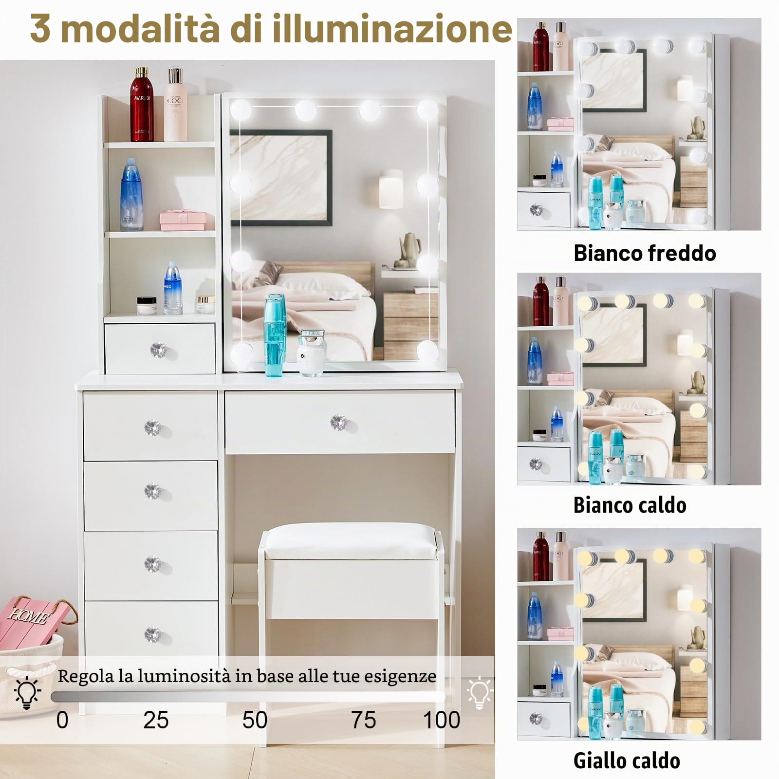 Toeletta Trucco con Specchio e Sgabello, Postazione Make-up Robusta con Luci Dimmerabili e Guida Video, Scrivania da Trucco con 6 Cassetti e 6 Ripiani, Bianco, 36×80×131 cm, H3971 | 6 cassetti, 6 ripiani, illuminazione LED regolabile, ampio spazio conteni