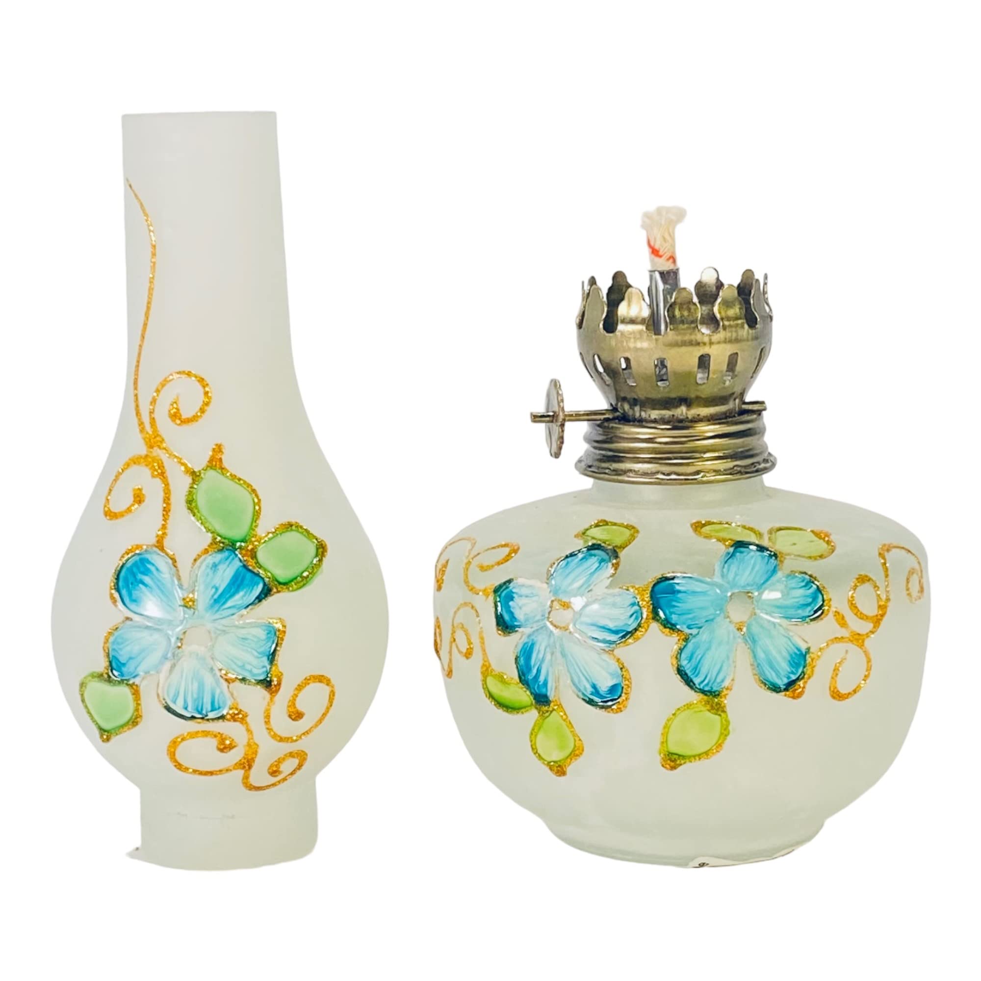 Hand Blown Glass, Turquoise Hand Painted Opaque Finish Oil Lamp 8.5