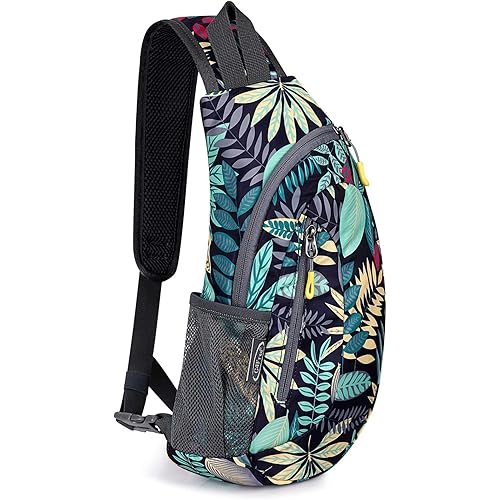 G4Free Sling Bag for Men Women, Small Crossbody Backpack Lightweight Chest Shoulder Bags for Travel, Outdoor and Sports (Blue Leaf)