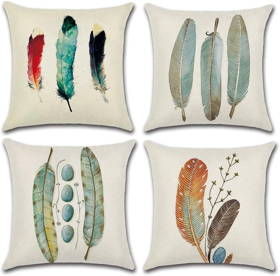 Feather Cushion Covers Square Decorative Pillow Covers Cotton Linen Throw Pillow Covers Set of 4 Cushion Covers 18 x 18 inch, 4 Packs (Feather)