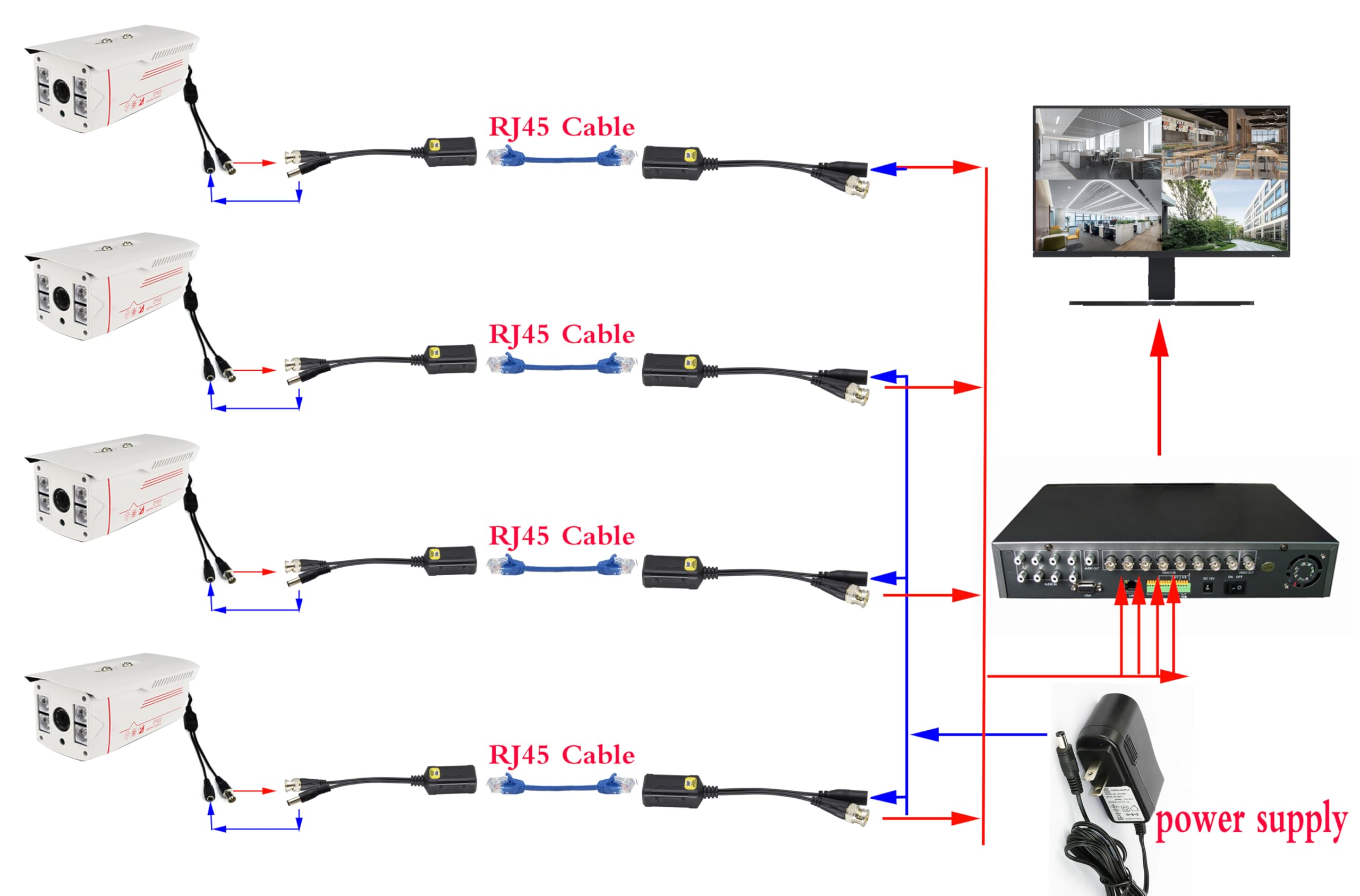 HD Video Balun BNC Macho a RJ45 Hembra Full HD RJ45 Hembra a BNC/DC Adaptador Cámara de Vigilancia Analógica Transceptor de Red para Todos los Equipos de Video (16.5 cm/4 pares)