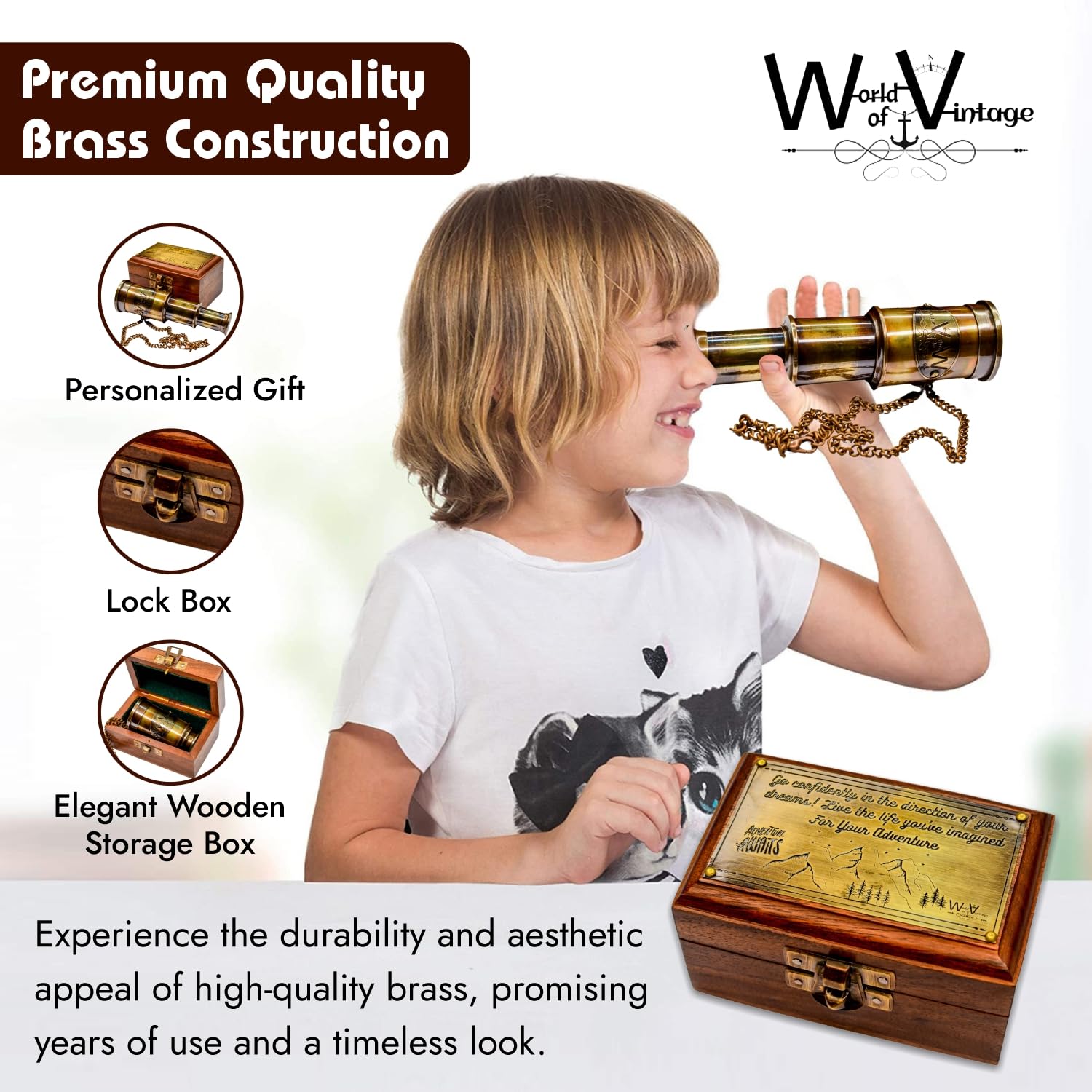 World Of Vintage Personalized Brass Telescope with Wooden Box - 5 Inch, 5X Zoom | Free Customizable with Personal Message & Attached Chain for Enhanced Grip | Personalized Gift | Inspiration Quotes 1