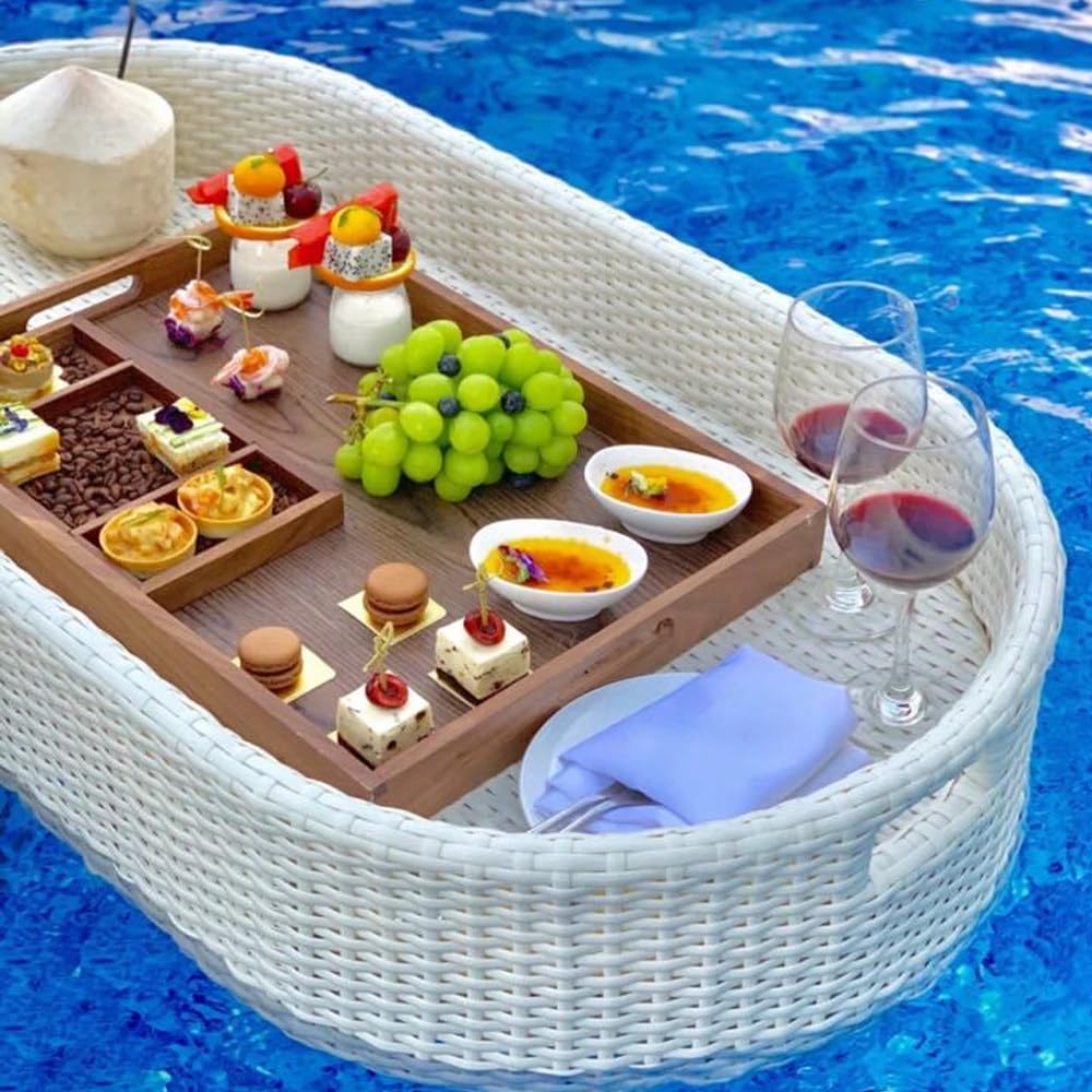 Bandeja flotante de ratán extra grande hecha a mano para piscina, playa, fiesta o jacuzzi, ideal para bebidas y aperitivos, 80 x 80 x 15 cm, accesorio perfecto para el verano