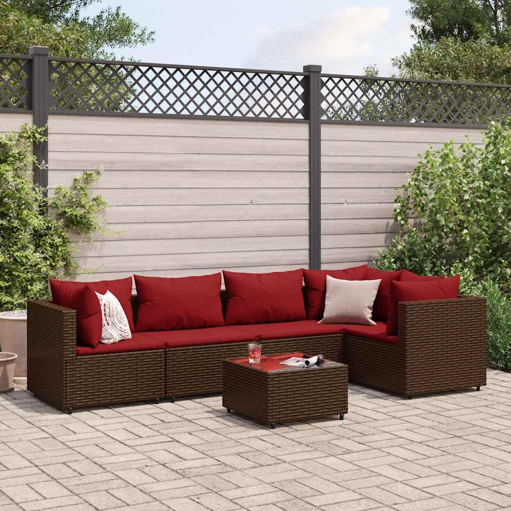 6-Piece Patio Lounge Set with Cushions Brown PE Rattan Powder-Coated Steel Tempered Glass Table Outdoor Furniture Seating for Garden Balcony Backyard