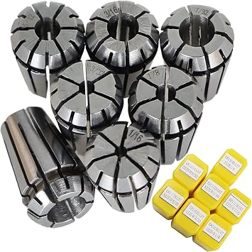 7pcs ER11 Collet Set, 1/4 1/8 1/16 3/16 3/32 5/32 7/32 Inch Spring Collet Chuck Adapter, Carbon Steel, Fits Cnc Router & Engraving Machine