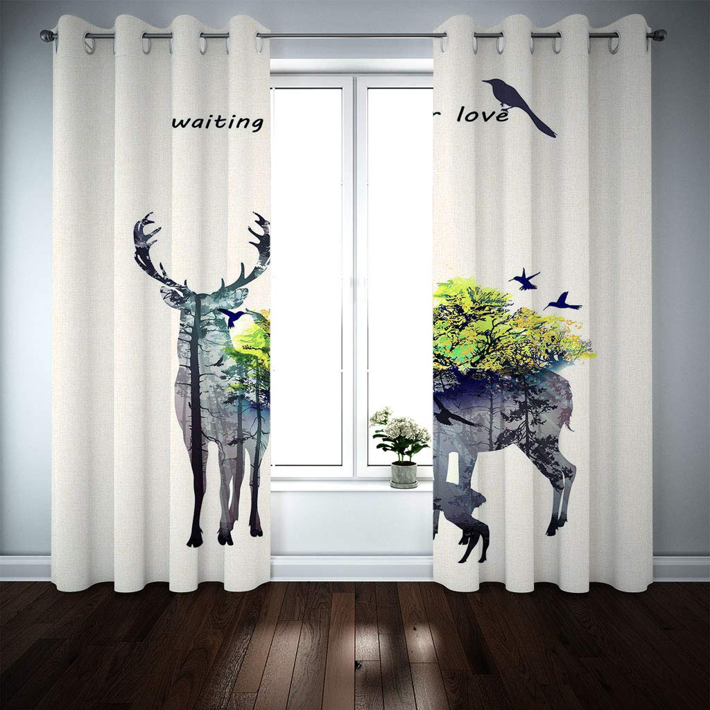 Cortinas Niño Niña Habitacion Opacas Con Ojales 2 Piezas 3D Ciervos Esperando El Amor En Un Bosque Verde Sobre Fondo Blanco. Patrón 264X214Cm（An X Al）Cortinas Termicas Aislantes Frio Y Calor Salón