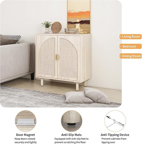 Miniatura 6 de Aparador de ratán de 2 puertas - Armario de buffet con almacenamiento, armario de almacenamiento de acento, creenza de madera bohemia para sala de