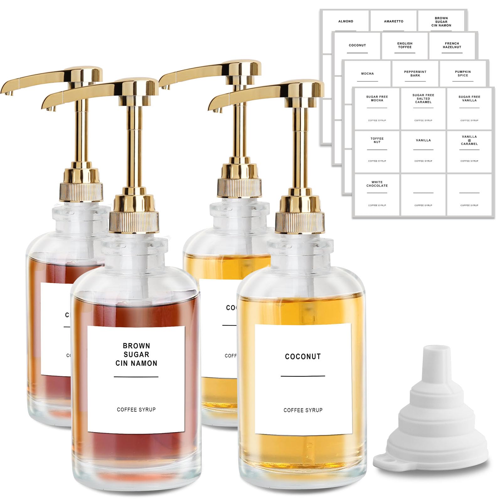 sunal Dispenser per sciroppo, set di 4 erogatori per sciroppo di caffè, 500 ml, bottiglia in vetro per sciroppo, erogatore a pompa per sciroppo, dispenser per miele con pompa di grande capacità da 0,6