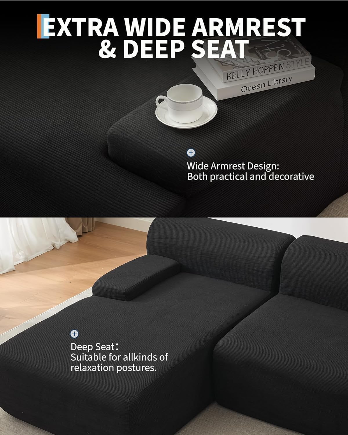 Acekool Sofá Esquinero Modular Estilo Nube 273 cm en Terciopelo Acanalado | Gran Chaise Longue a la Izquierda, Asiento Profundo, Entrega Compacta Sin Montaje