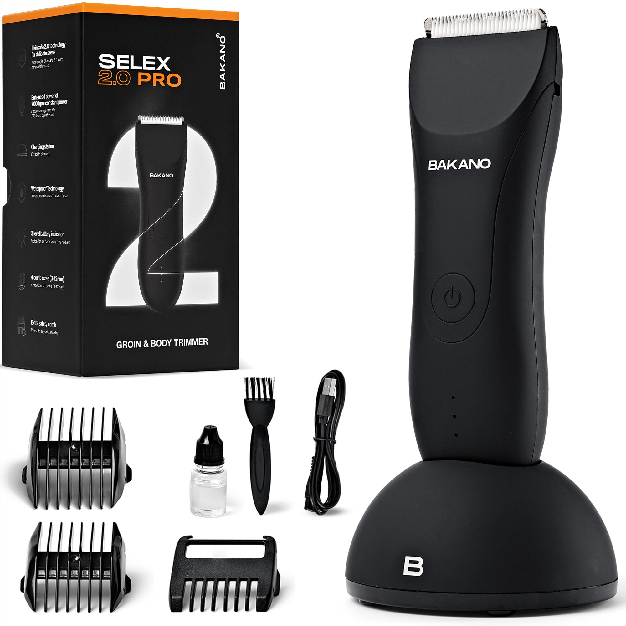 BAKANO SELEX 2.0 - Afeitadora Corporal Masculina.Recortadora Corporal Hombre con Tecnología SkinSafe e Impermeable. Rasuradora Hombre para Genitales con Base de Carga y 120 min Autonomía