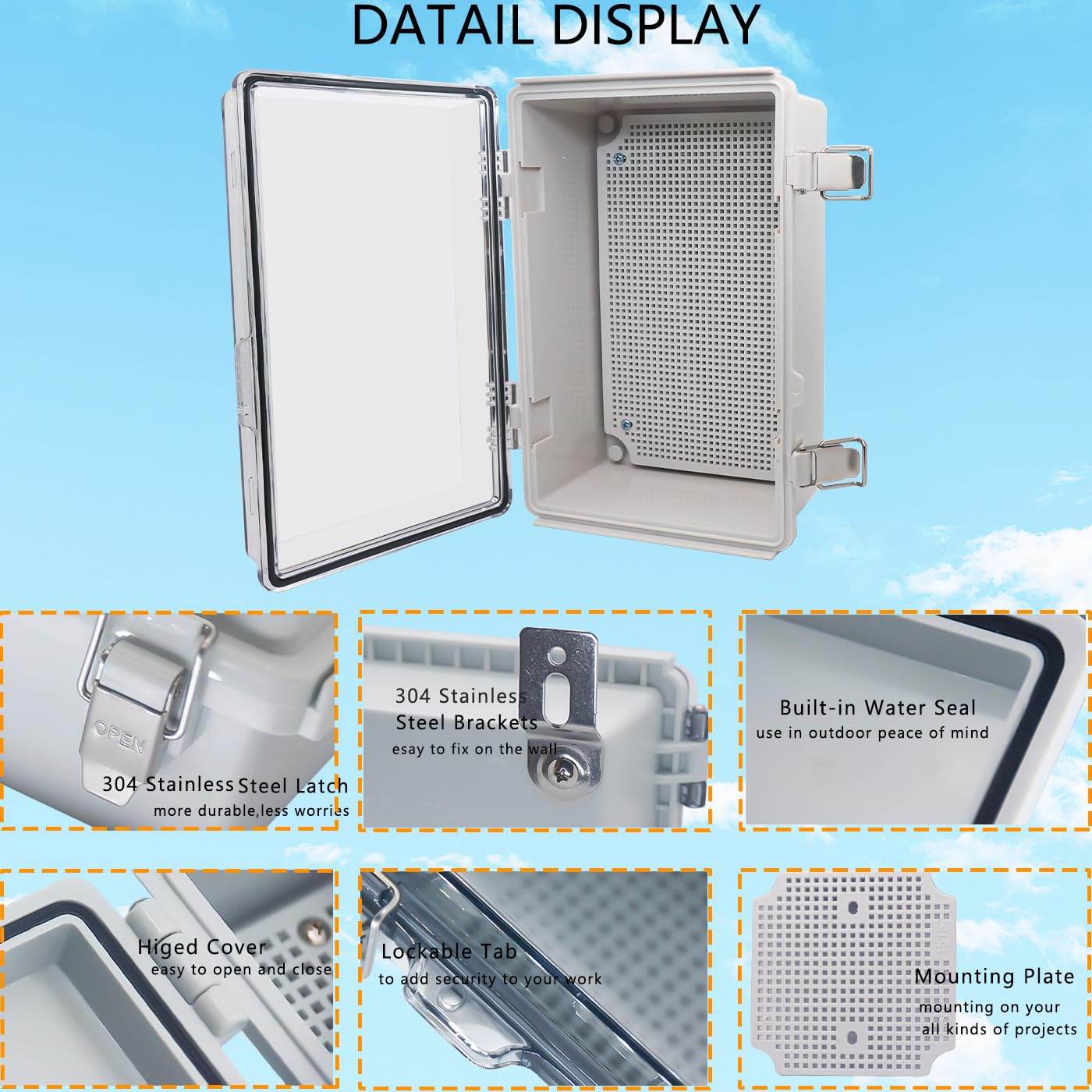Waterproof Junction Box, ABS Plastic Electrical Box with Stainless Steel Latch, Hinged Cover Electric Project Enclosure Box with Mounting Plate, Wall Brackets & Cable Gland 11"x7.5"x5.1"