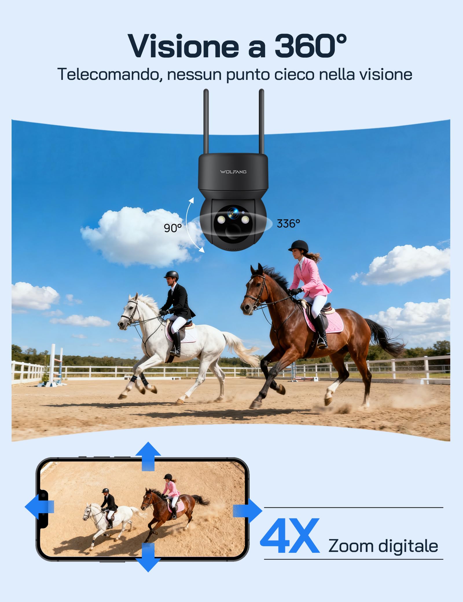 WOLFANG Telecamera Esterno 4G con SIM, Telecamera Esterno 360° PTZ, Visione Notturna a Colori, Rilevazione di Movimento PIR con Allarme, IP66, Audio a 2