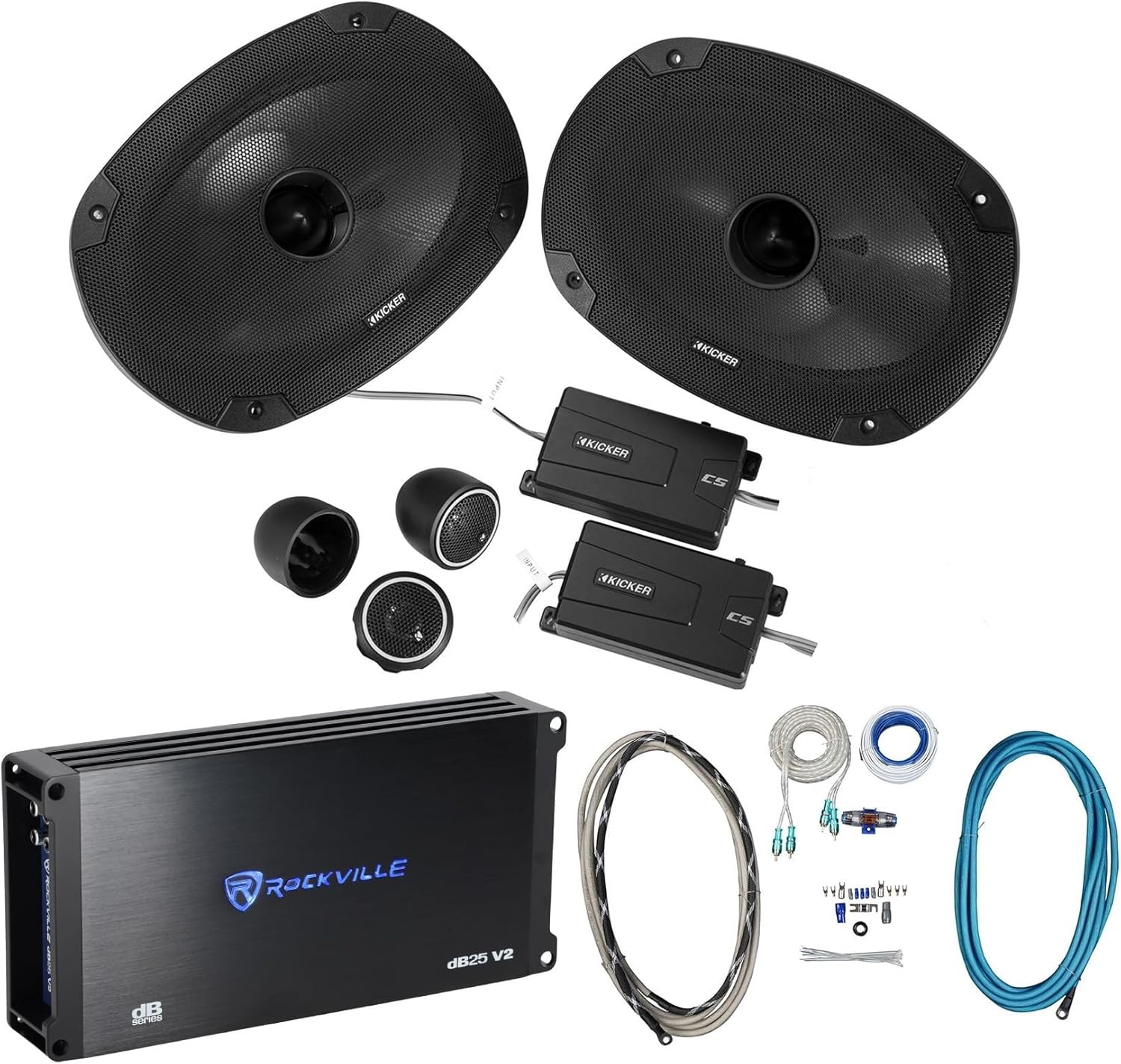Audiosavings Bundle: Kicker 46CSS694 6x9 900w Car Audio Component Speakers Bundle with Rockville dB25 2800 Watt RMS 2 Ch. Amplifier & Rockville RMWK4 4 AWG Marine Amplifier (3 Items)