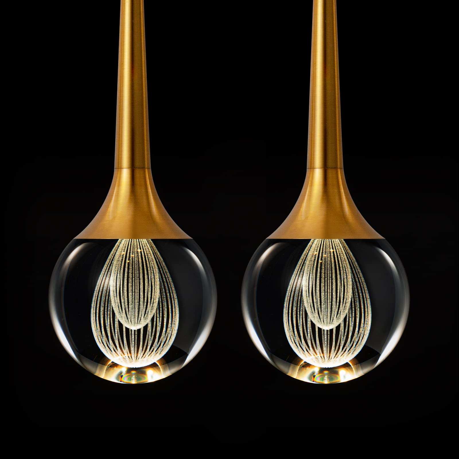 Modern Crystal Pendant Light, Gold Brushed Bronze Finish Mini LED Light, Metal Rod Ceiling Spherical Glass Chandelier, for Kitchen Island Bedroom Restaurant bar (2-Pack)