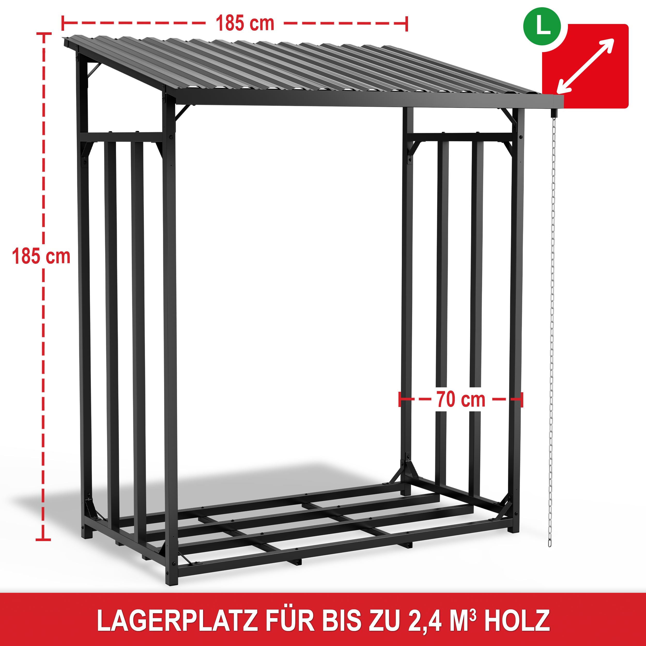 Onbest Brennholzregal mit Dach – Kaminholzregal 185x70x185 cm | Metall-Holzlager für außen mit Regenrinne, Regenkette, Wetterschutz und Stapelhilfe für Kaminholz