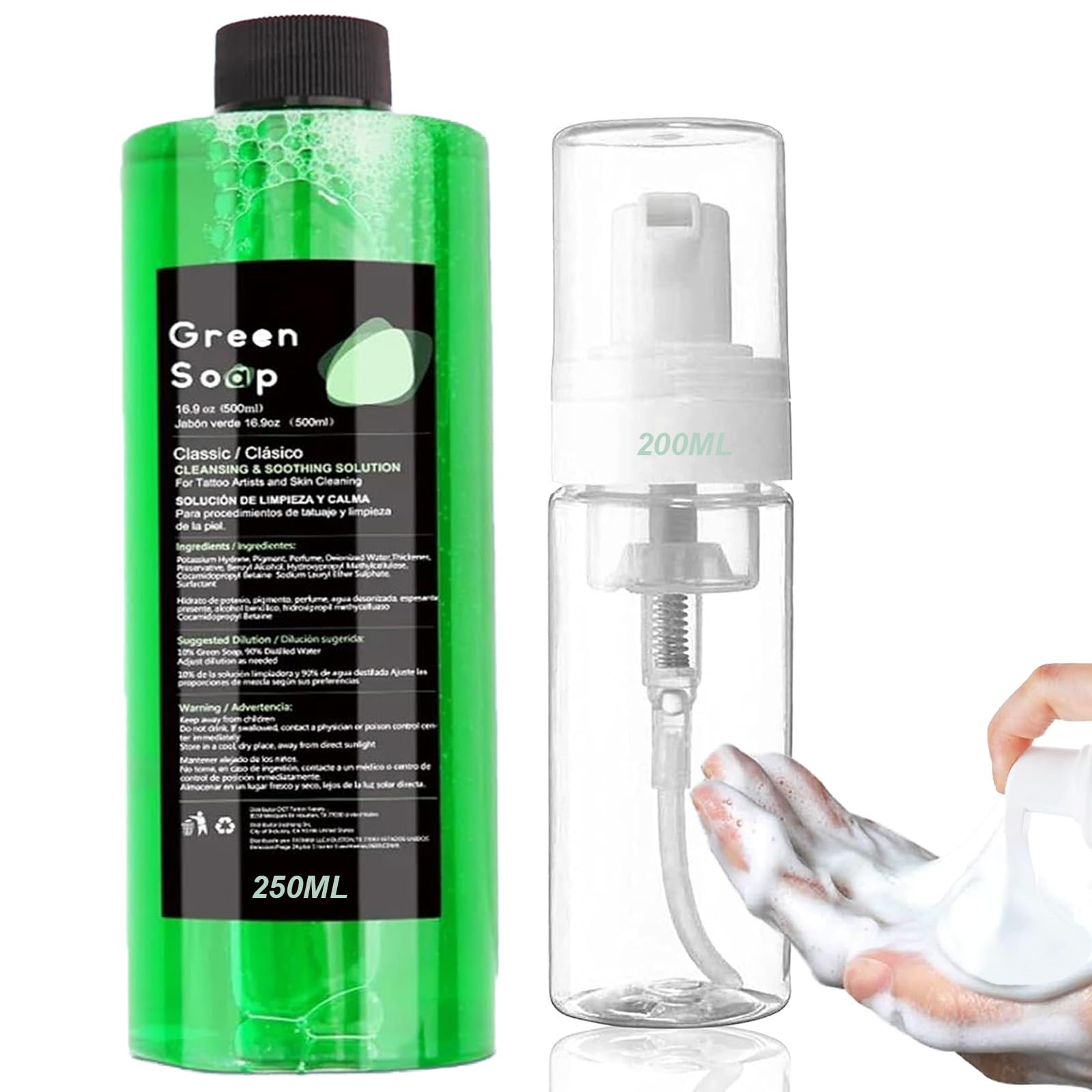 250ml Green Soap Tatouage Bouteille Kit de Nettoyage pour Tatouage, Unihuby Savon de Tattoo Avec Bouteille en Mousse Foam Bottle 200ml pour Tatouages Accessoires Nettoyage