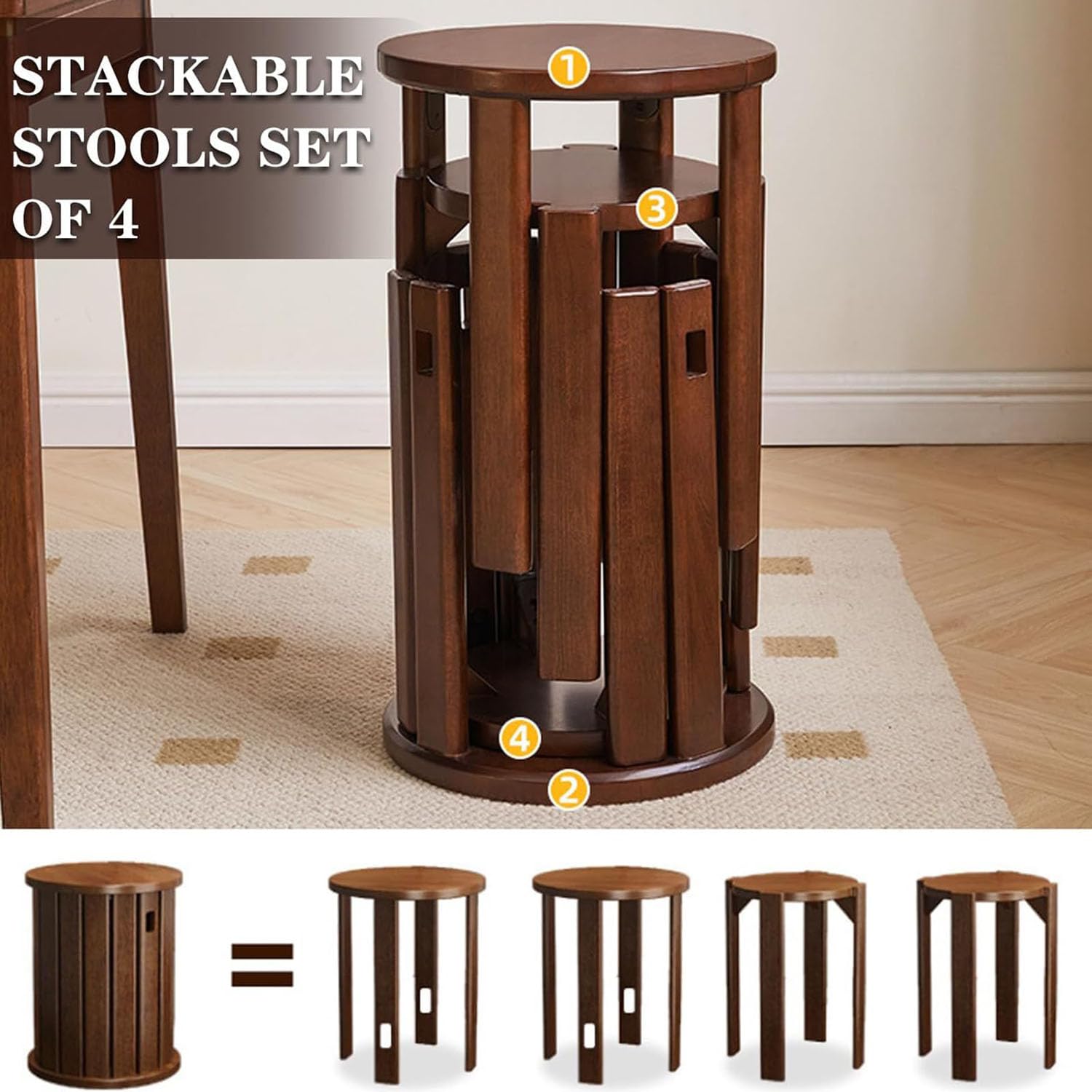 Set di 4 sgabelli impilabili in legno massello, sgabello impilabile multifunzionale, design minimalista salvaspazio per soggiorno, camera da letto, cucina, sala da pranzo