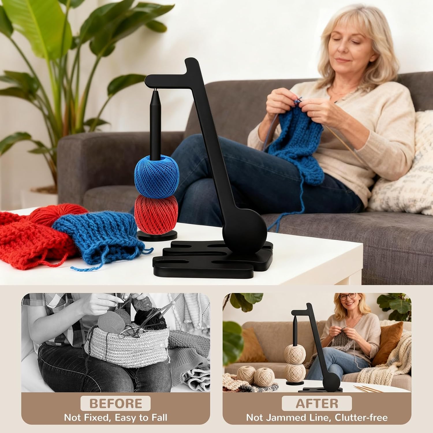 Yarn Holder for Crocheting - Wooden Magnetic Yarn Holder Spinner for Knitting - Unique Gifts for Mother Day Crochet Lovers, Music Lovers, Christmas, Birthday - Black
