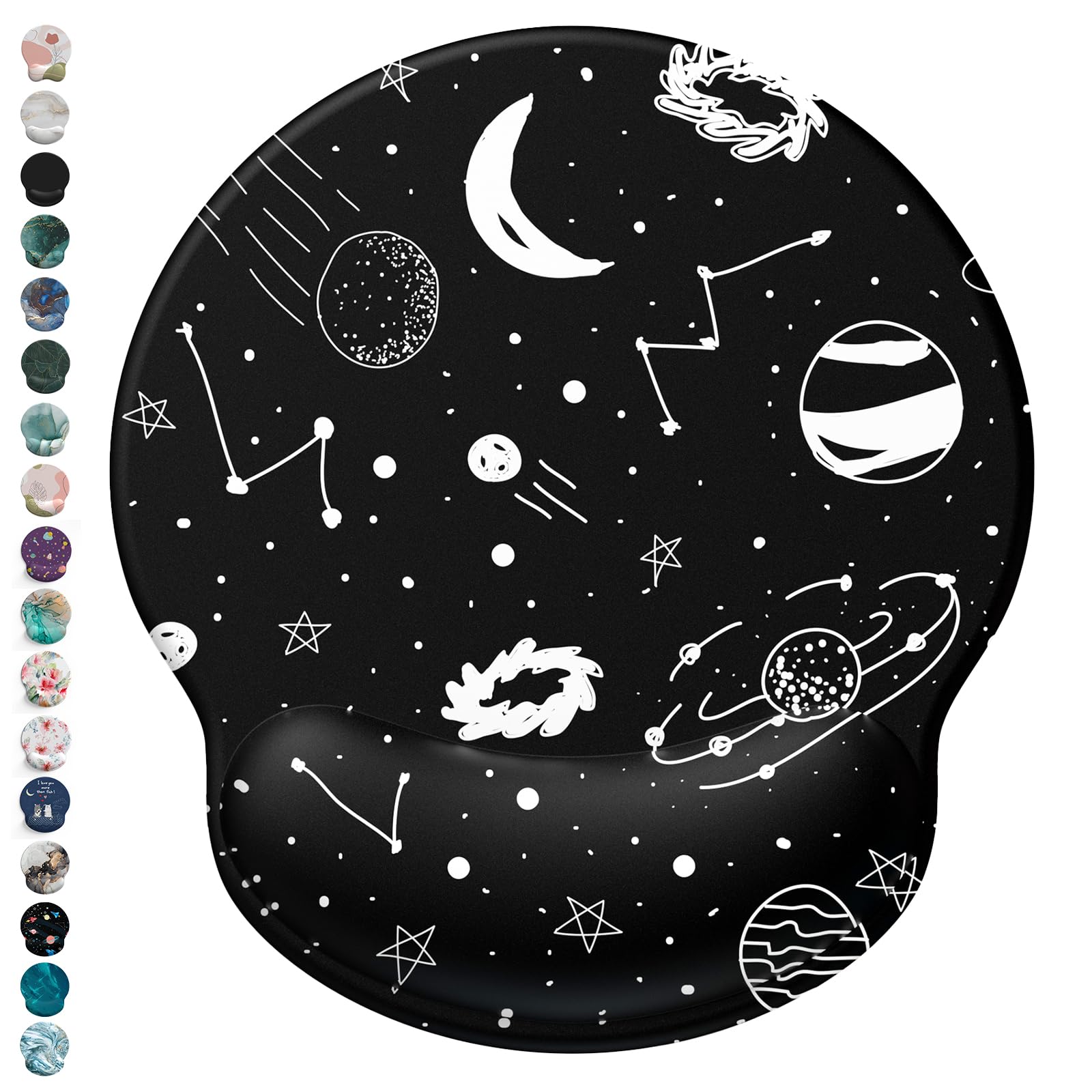 SixM Mouse Pad Wrist Support Ergonomic,Mouse Pad with Wrist Rest, Comfortable Computer Mouse Pad Gel for Laptop, Pain Relief Mousepad with Non-Slip PU Base (Black and White Planet)