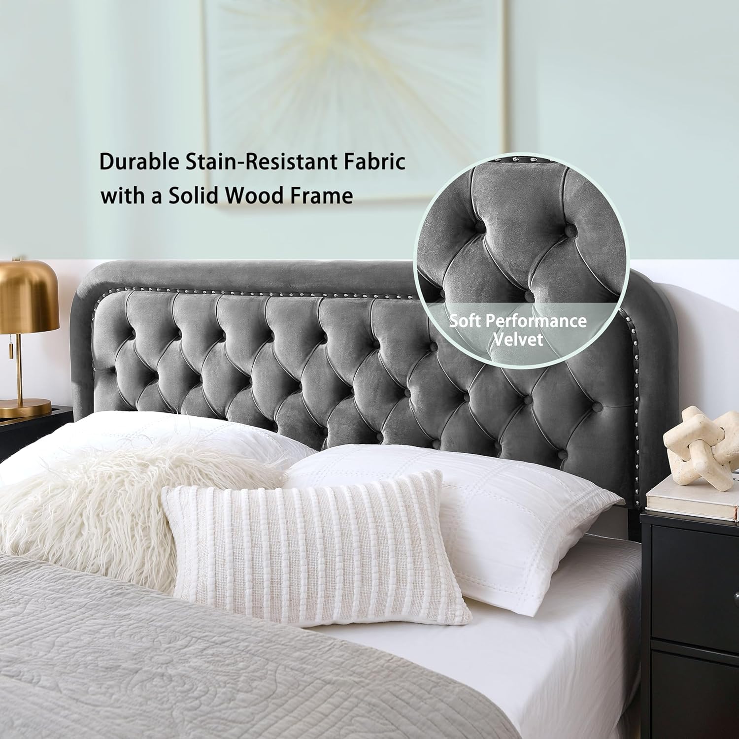 Cabecera capitoneada tapizada de tamaño King, cabeceros modernos de terciopelo acolchado para cama ajustable, tablero de tela para montaje en pared con ribete de clavos, fácil de instalar 3