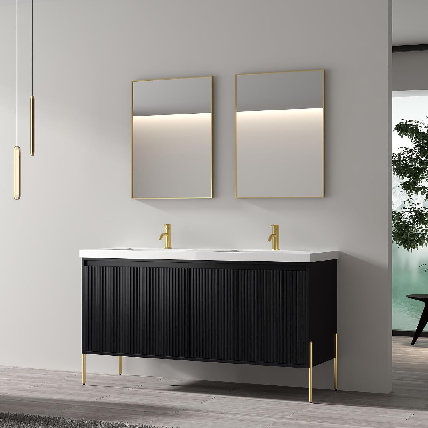 Dowell 60“ Fluted Design Vanity Set – Modern Bathroom Cabinet with Soft-Close Door & Shelf.Charcoal- 0026002V/6122BP