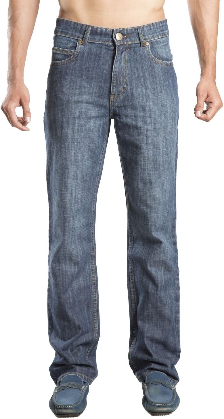 Zeme Mens 100% Certified Organic Cotton Jeans, Slim Fit Blue Sand Blast Wash Denim Pants