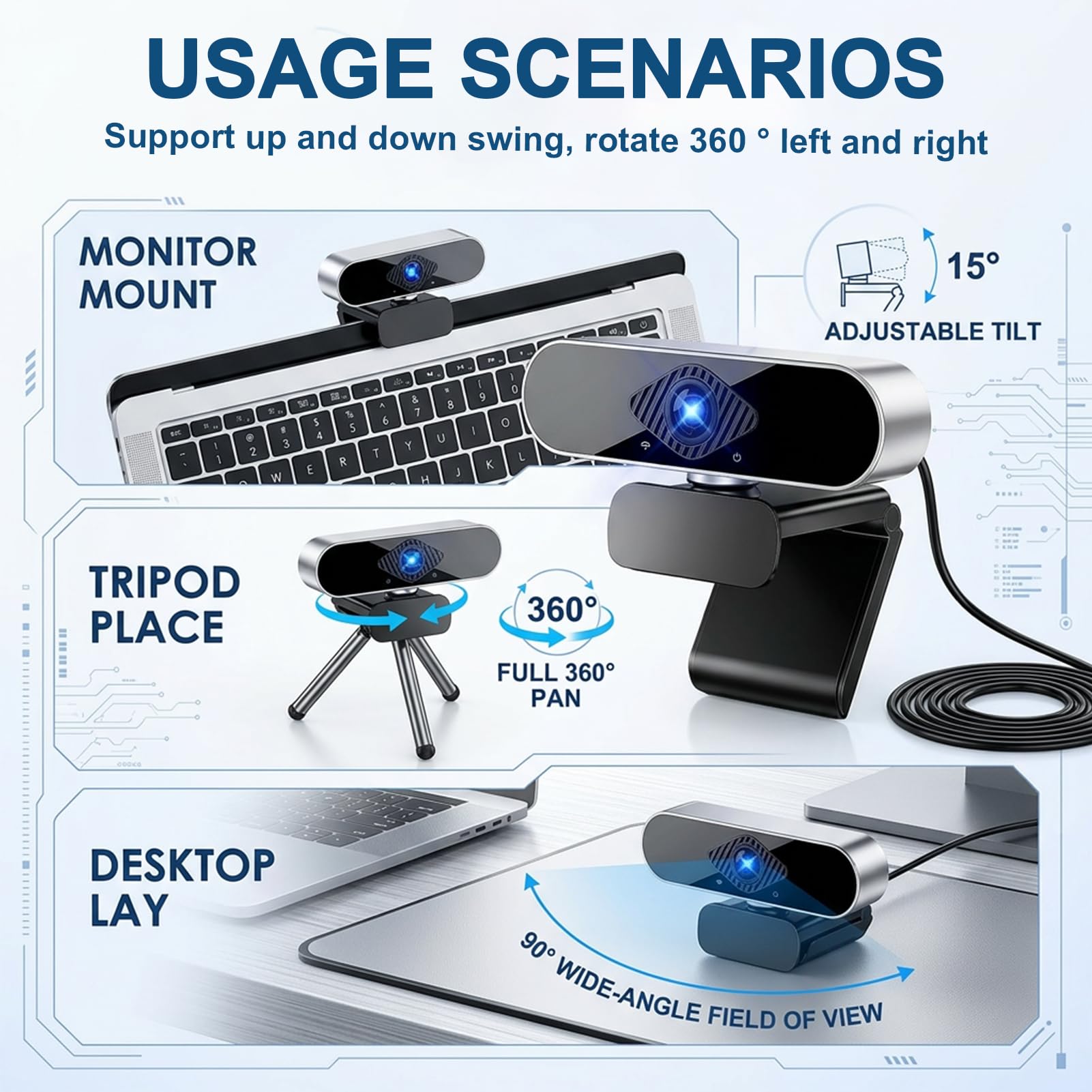 Webcam 4K UHD avec Microphone Réduction de Bruit, Autofocus Camera PC avec Cache de Confidentialité, Webcam PC Streaming 1080P 60fps Grand Angle pour Gaming, Zoom, Skype, Mac et Ordinateur Portable