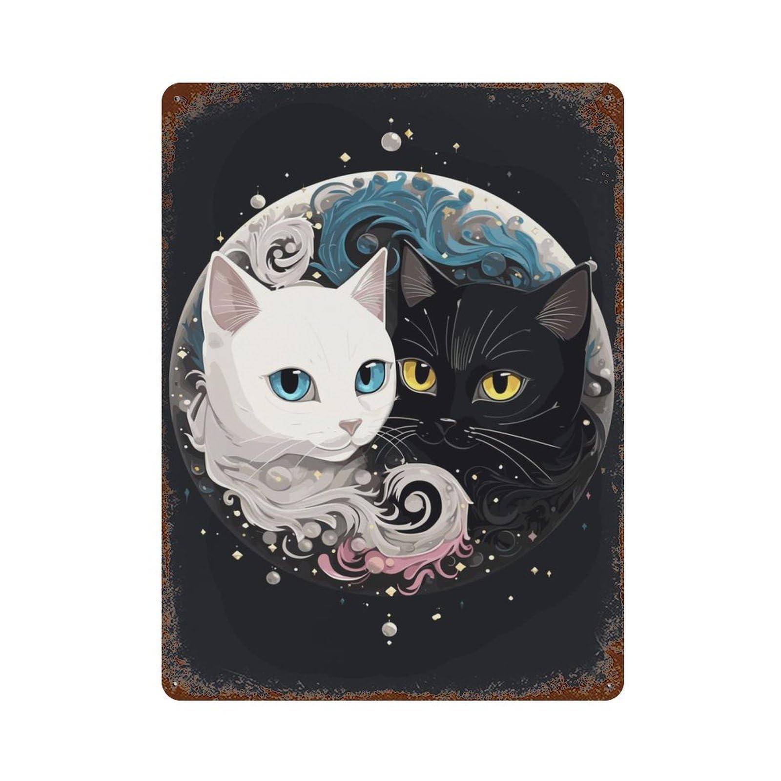 Anime Ying Yang Cats Rust Effect Tin Sign 15.7"x11.8", Ideal for Garage, Bar And Workshop Decor
