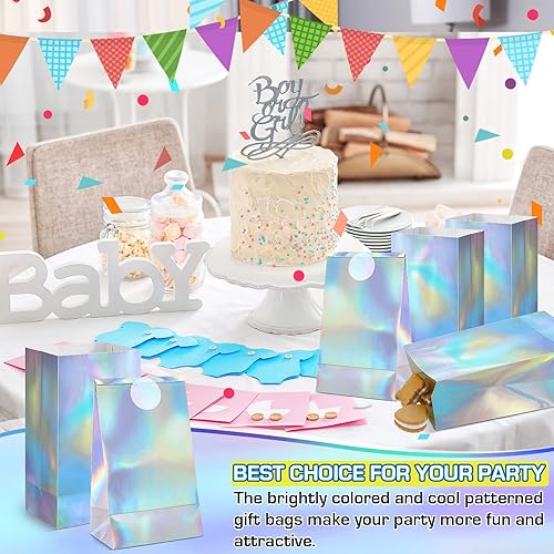 Miniatura 7 de 30 bolsas de regalo de papel iridiscente con calcomanías, suministros reutilizables para fiestas, bolsa de papel holográfica con purpurina, bolsa de