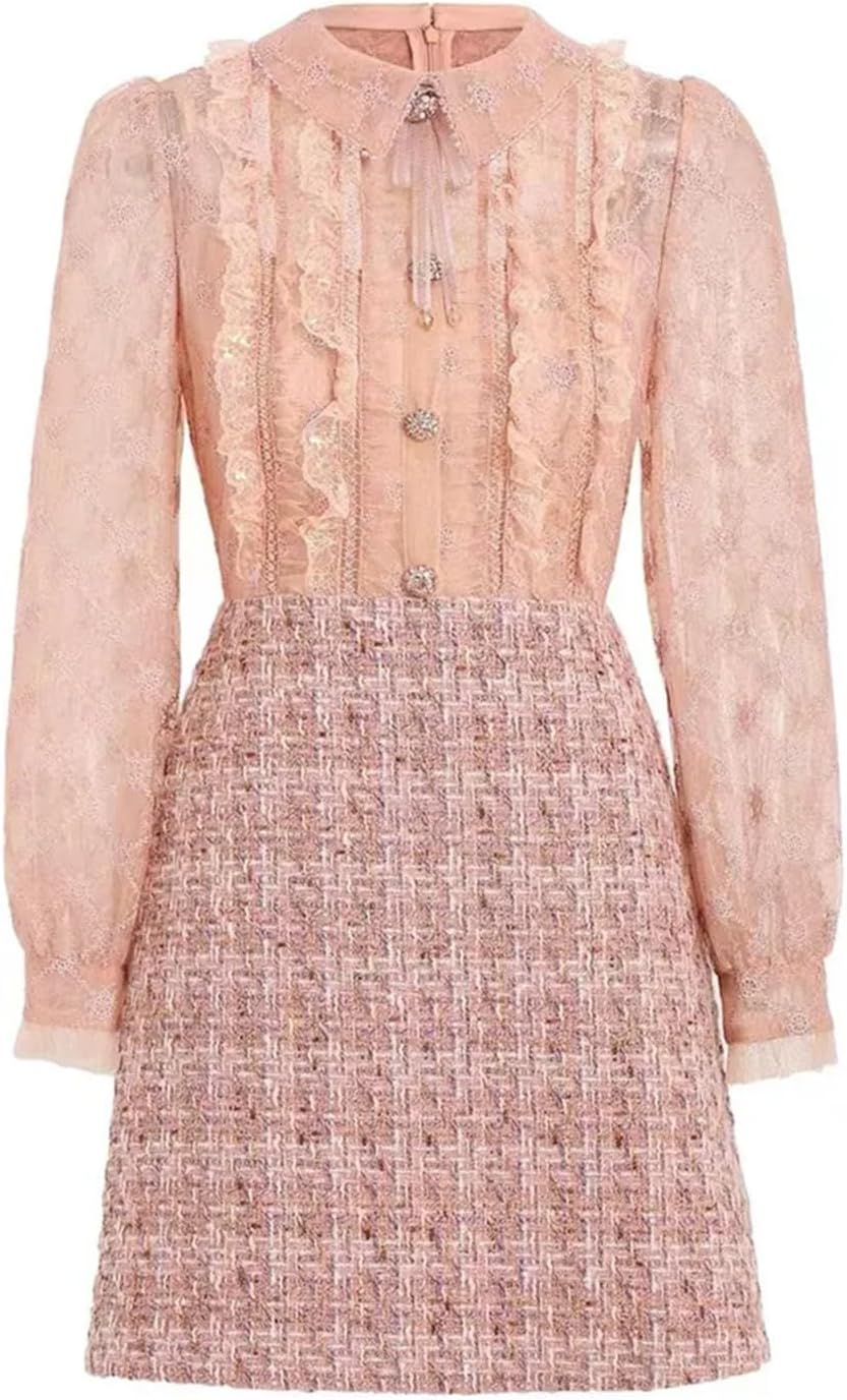 Womens Embroidery Spliced Ruffle Tweed Dress Small Fragrant Style Beaded Elegant Woolen Dress