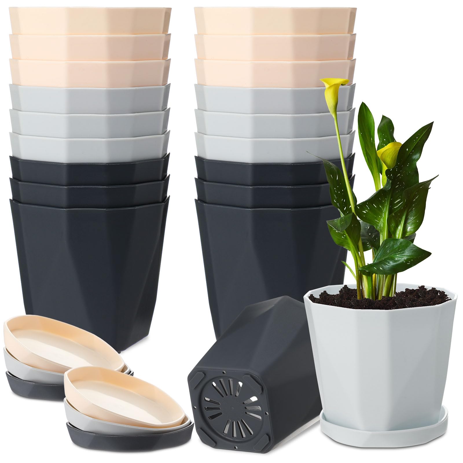 Weewooday 36 Pcs 5.1 Inch Plant Pots Plastic Flower Pots Decorative Planting Pots Stylish Indoor Plastic Planter with Drainage Holes and Saucers for Outdoor Garden House Succulent Orchid, Colorful