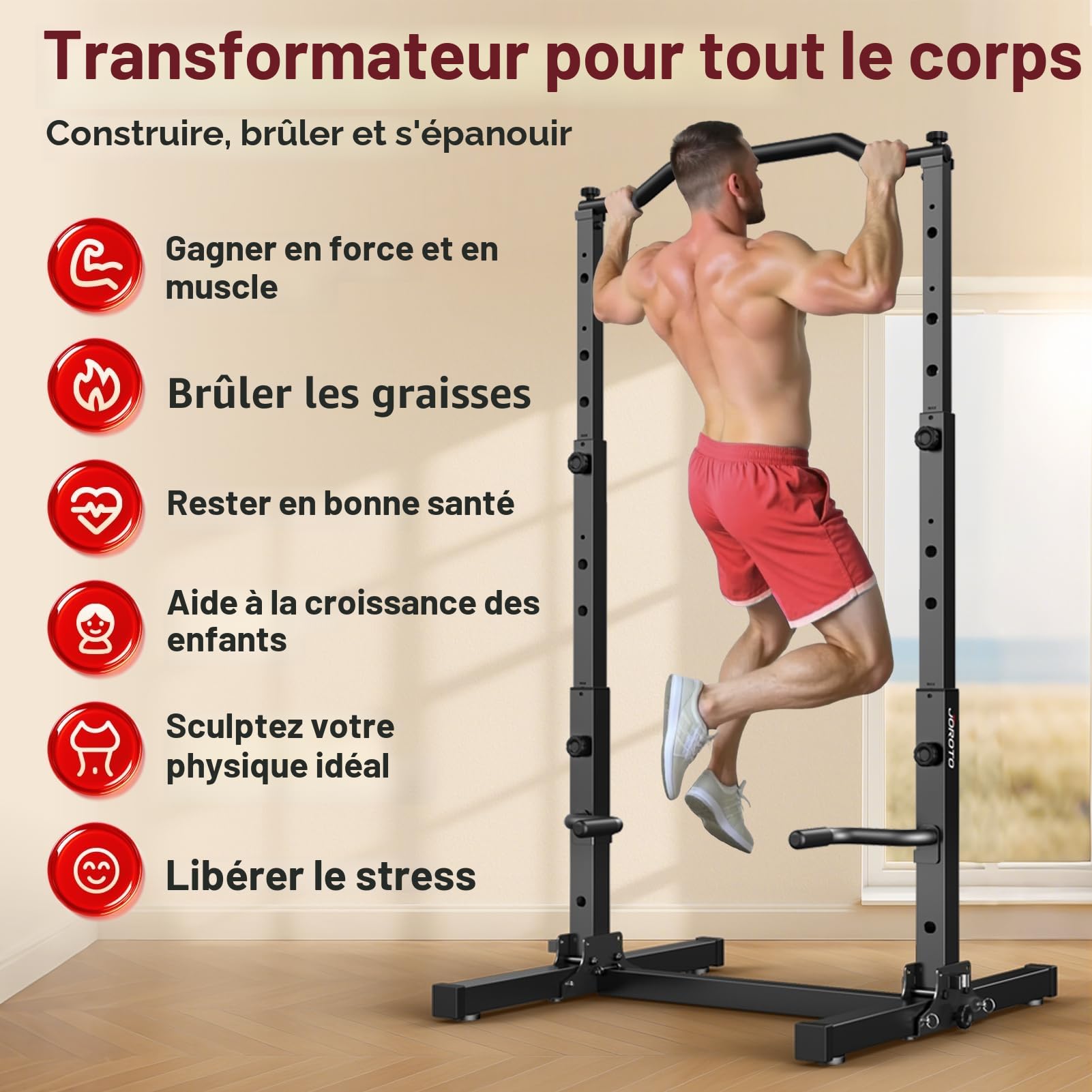 JOROTO Pliable Power Tower Barre de Traction & Dip Station, Autoportante Station de Musculation, Réglable en Hauteur, 5 en 1 Appareil d'Entraînement Dorsal pour la Maison Multifonction, 172KG Capacité