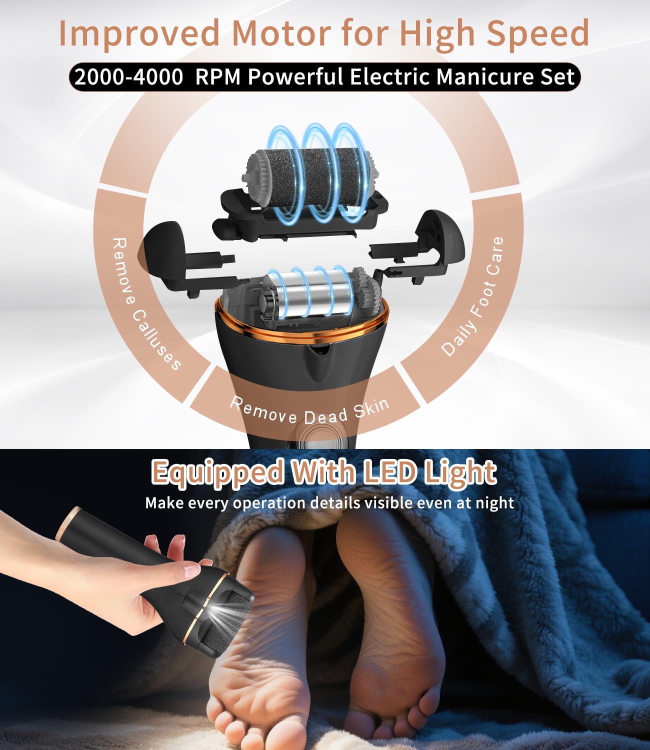 Lima Electrica Pies Durezas, 18 Piezas Set Pedicura Profesional para Pies, Quita Durezas para Pies Electrico, Callos Pies Eliminar, IPX7 Impermeable Lima Pies Durezas con 3 Rodillos y 2 Velocidades